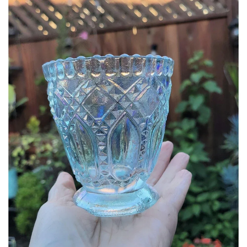 Vintage Imperial Ice Blue Carnival Glass Diamond Panel Toothpick Holder - 1970s